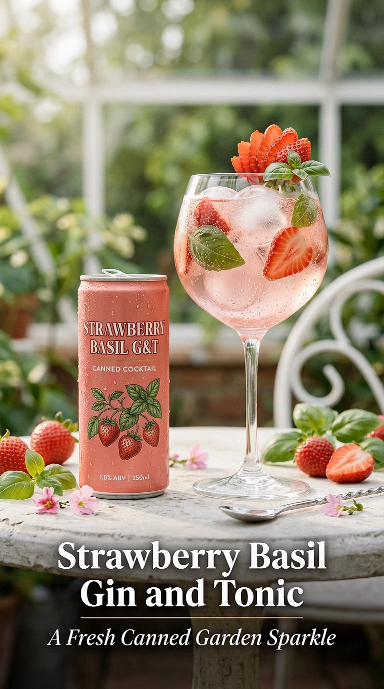 Strawberry Basil Gin and Tonic Canned Cocktail