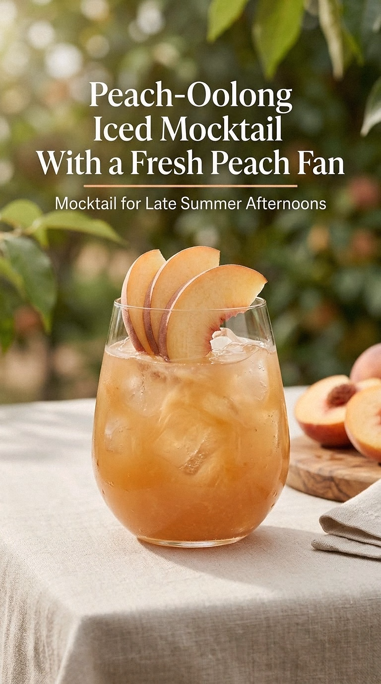 Peach-Oolong Iced Mocktail With a Fresh Peach Fan