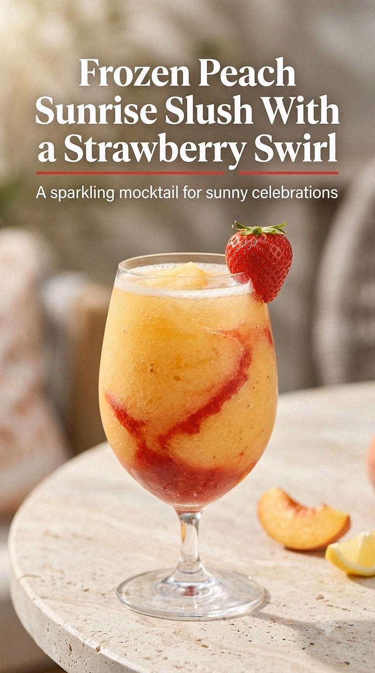 Frozen Peach Sunrise Slush With a Strawberry Swirl