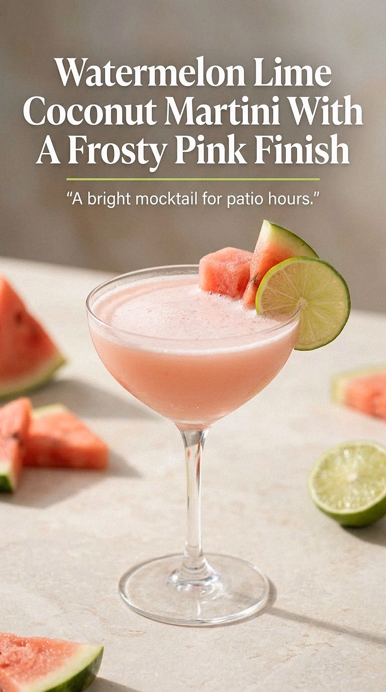 Watermelon Lime Coconut Martini With A Frosty Pink Finish