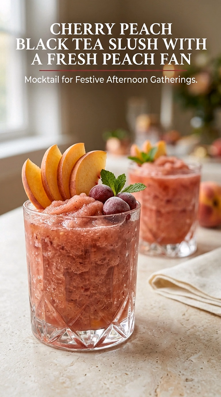 Cherry Peach Black Tea Slush With a Fresh Peach Fan