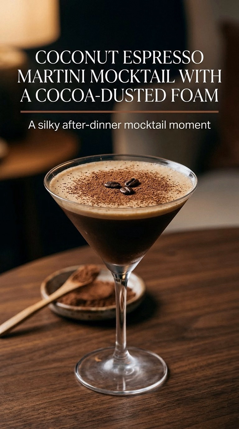 Coconut Espresso Martini Mocktail With A Cocoa-Dusted Foam