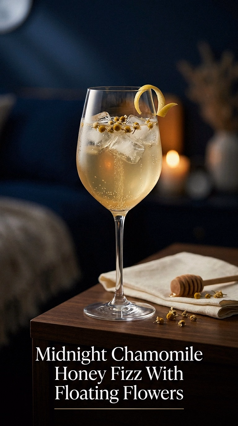 Midnight Chamomile Honey Fizz With Floating Flowers