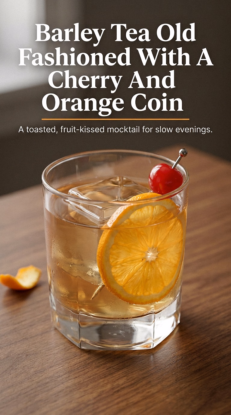 Barley Tea Old Fashioned With A Cherry And Orange Coin