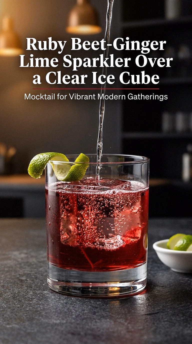 Ruby Beet-Ginger Lime Sparkler Over a Clear Ice Cube