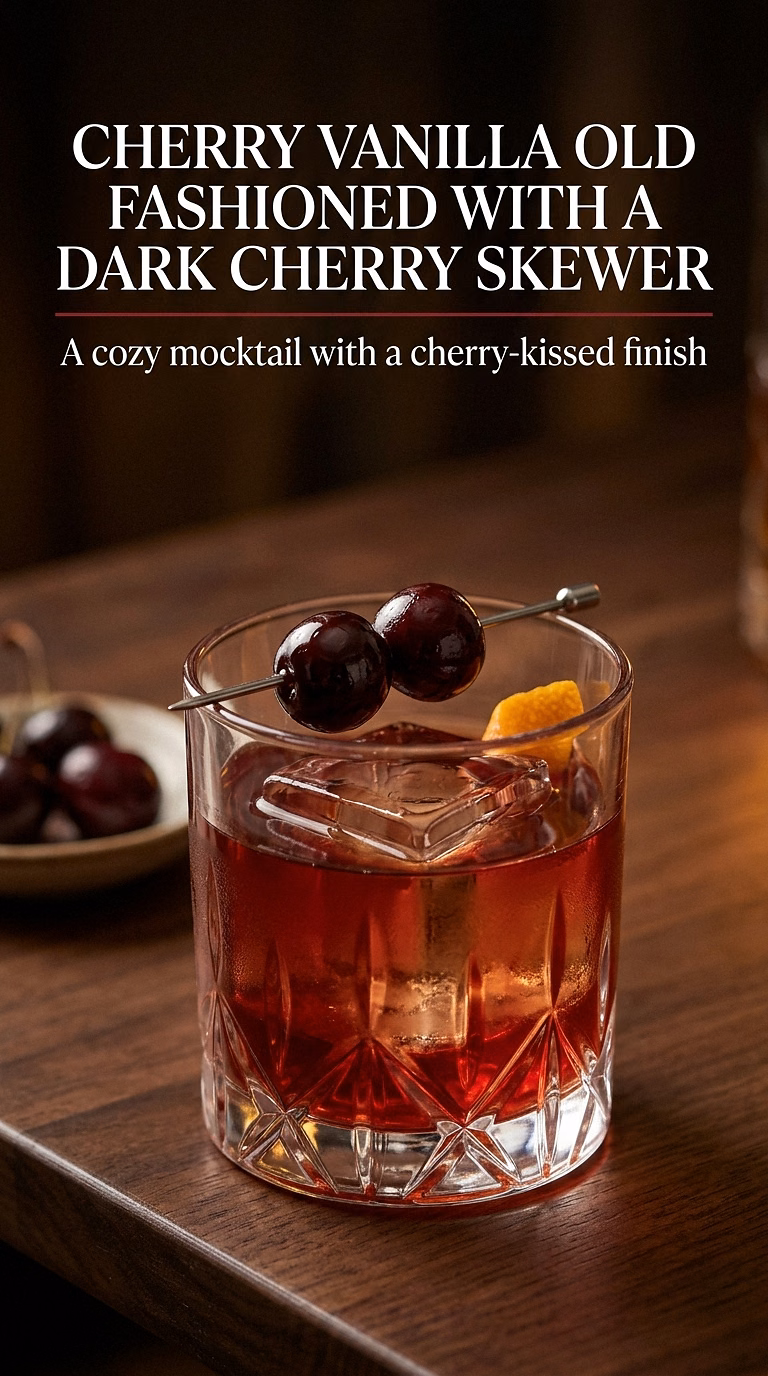 Cherry Vanilla Old Fashioned With A Dark Cherry Skewer