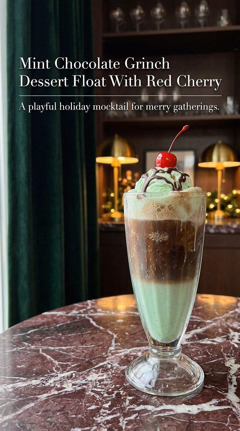 Mint Chocolate Grinch Dessert Float With Red Cherry