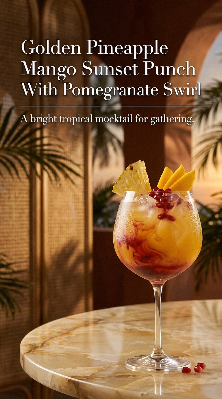 Golden Pineapple Mango Sunset Punch With Pomegranate Swirl