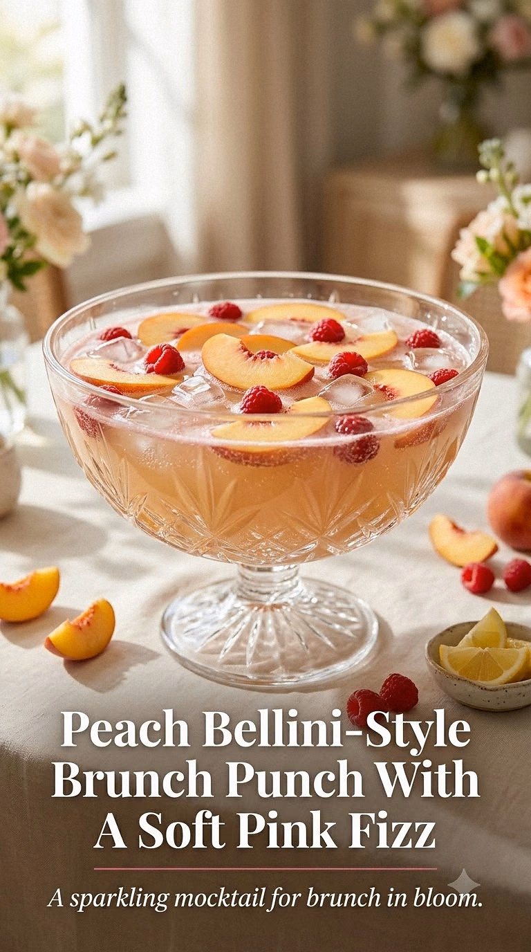 Peach Bellini-Style Brunch Punch With A Soft Pink Fizz