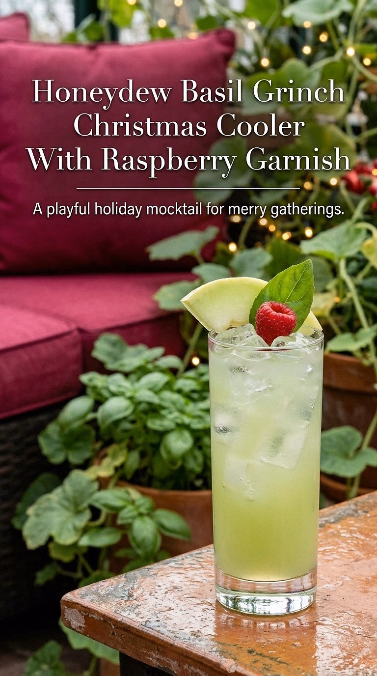Honeydew Basil Grinch Christmas Cooler With Raspberry Garnish