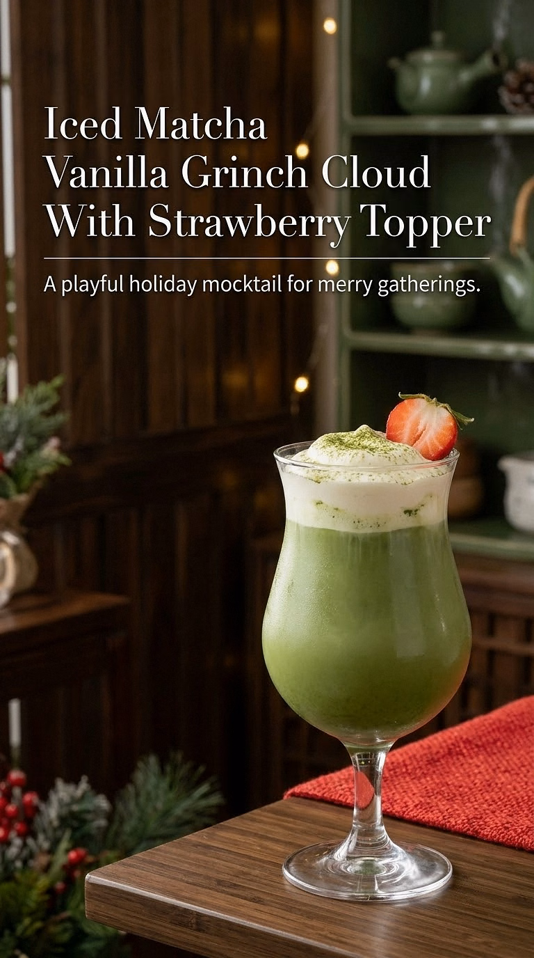 Iced Matcha Vanilla Grinch Cloud With Strawberry Topper